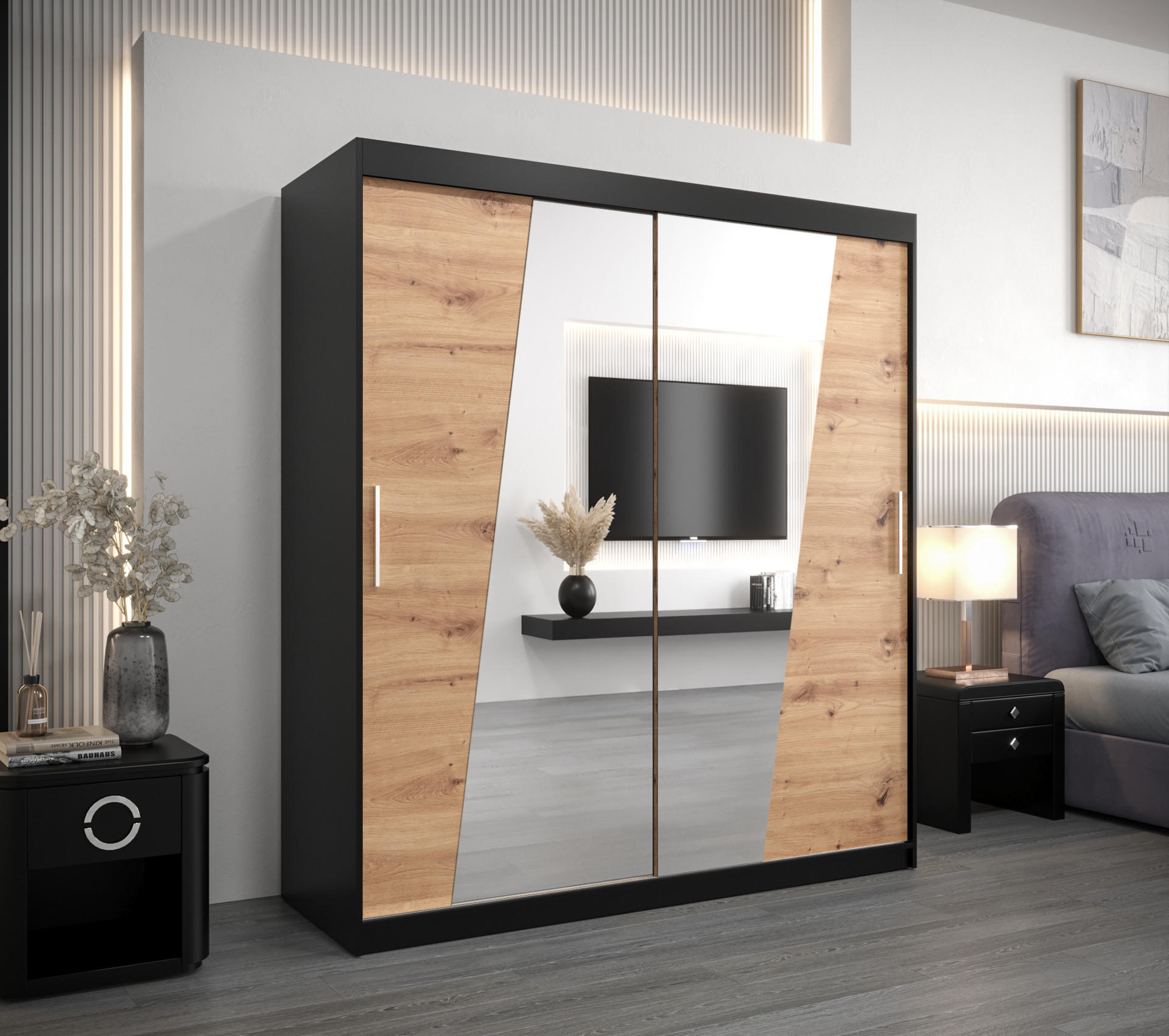 SCHWEBETÜRENSCHRANK 200/180/62 2-türig - Silberfarben/Schwarz, Holz/Kunststoff (180/200/62cm) - Abiks Möbel