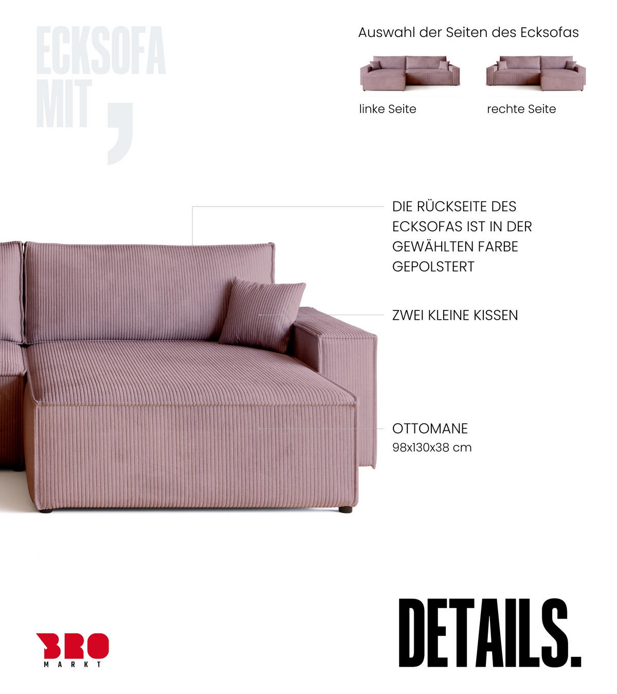 ECKSOFA ADI XL mit Schlaffunktion Puderrosa Cord - Rosa, Textil (272/143cm) - Bromarkt
