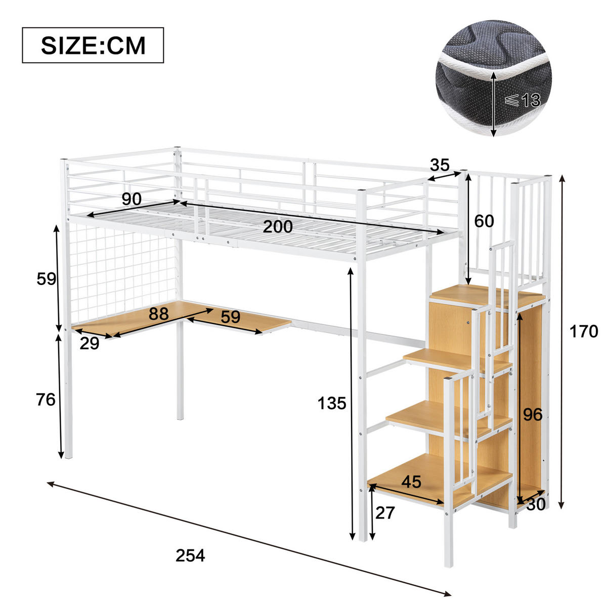 HOCHBETT 90/200 cm in Weiß/Natur mit Kleiderschrank, Tisch und seitlicher Treppe - Weiß, Holzwerkstoff (90/200cm) - Flora Grace