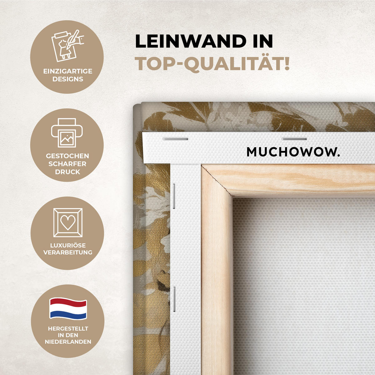 LEINWANDBILD Gesicht - Frau - Blätter - Gold Deko Wohnzimmer 20x30 cm - Beige, Textil (20/30cm) - MuchoWow