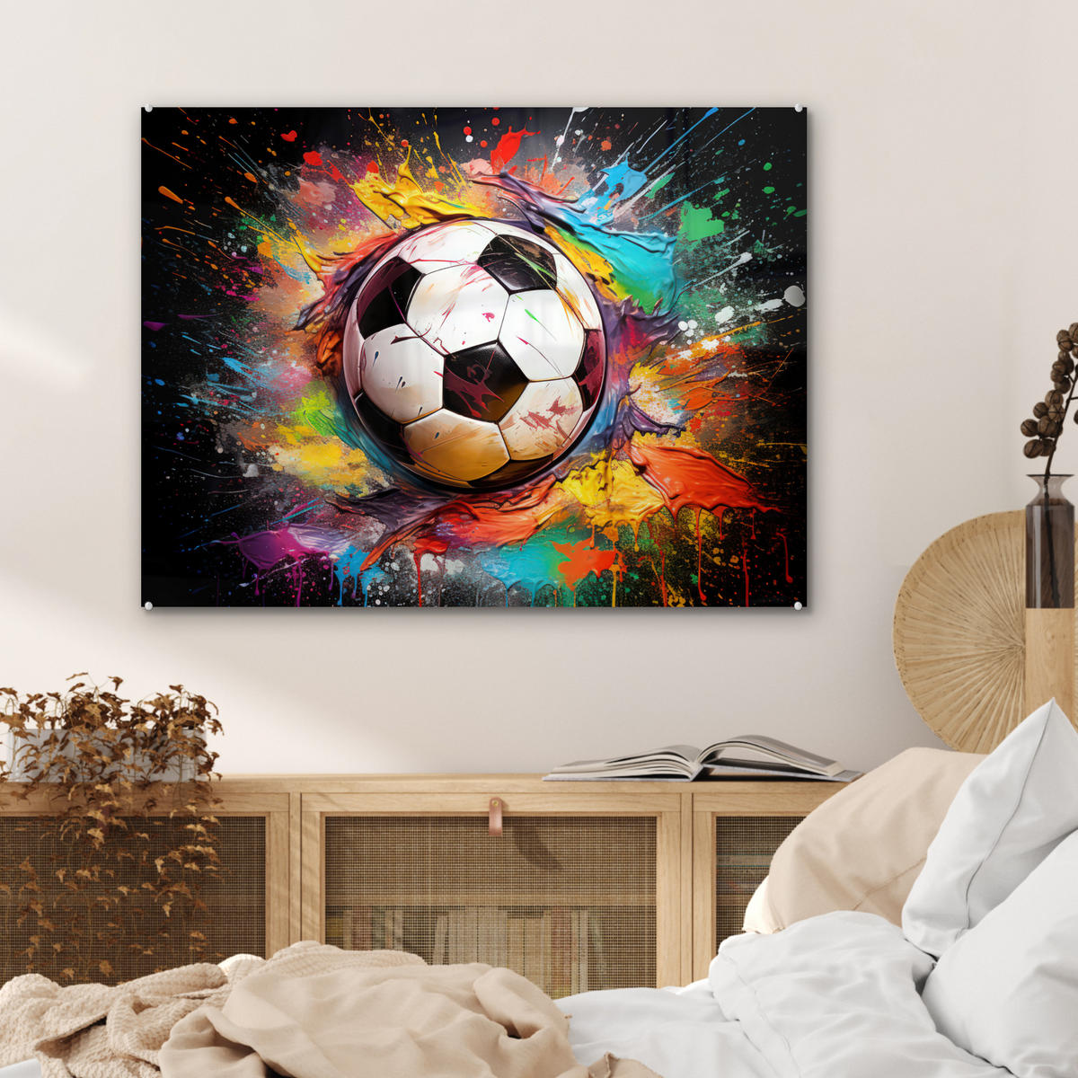 ACRYLGLASBILD Fußball - Farbe - Farben - Schwarz - Weiß 80x60 cm - Weiß, Glas (80/60cm) - MuchoWow
