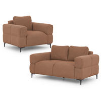 SITZGARNITUR 2+1 Cardea in Bubble-Optik aus weichem Terrakotta Strukturstoff mit hohem Sitzkomfort - Terracotta/Schwarz, Holz/Textil (154/80/97cm) - S-Style Möbel