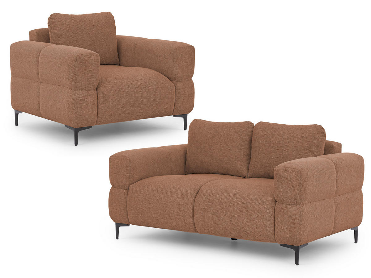 SITZGARNITUR 2+1 Cardea in Bubble-Optik aus weichem Terrakotta Strukturstoff mit hohem Sitzkomfort - Terracotta/Schwarz, Holz/Textil (154/80/97cm) - S-Style Möbel