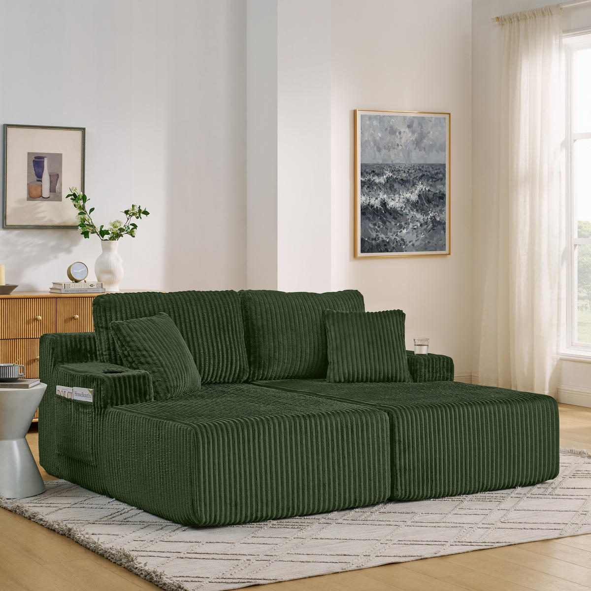 SCHLAFSOFA 186/154/78 cm Grün Cord mit seitlicher Magazintasche und Getränkehalter - Grün, Textil (186/78/154cm) - Oxeza