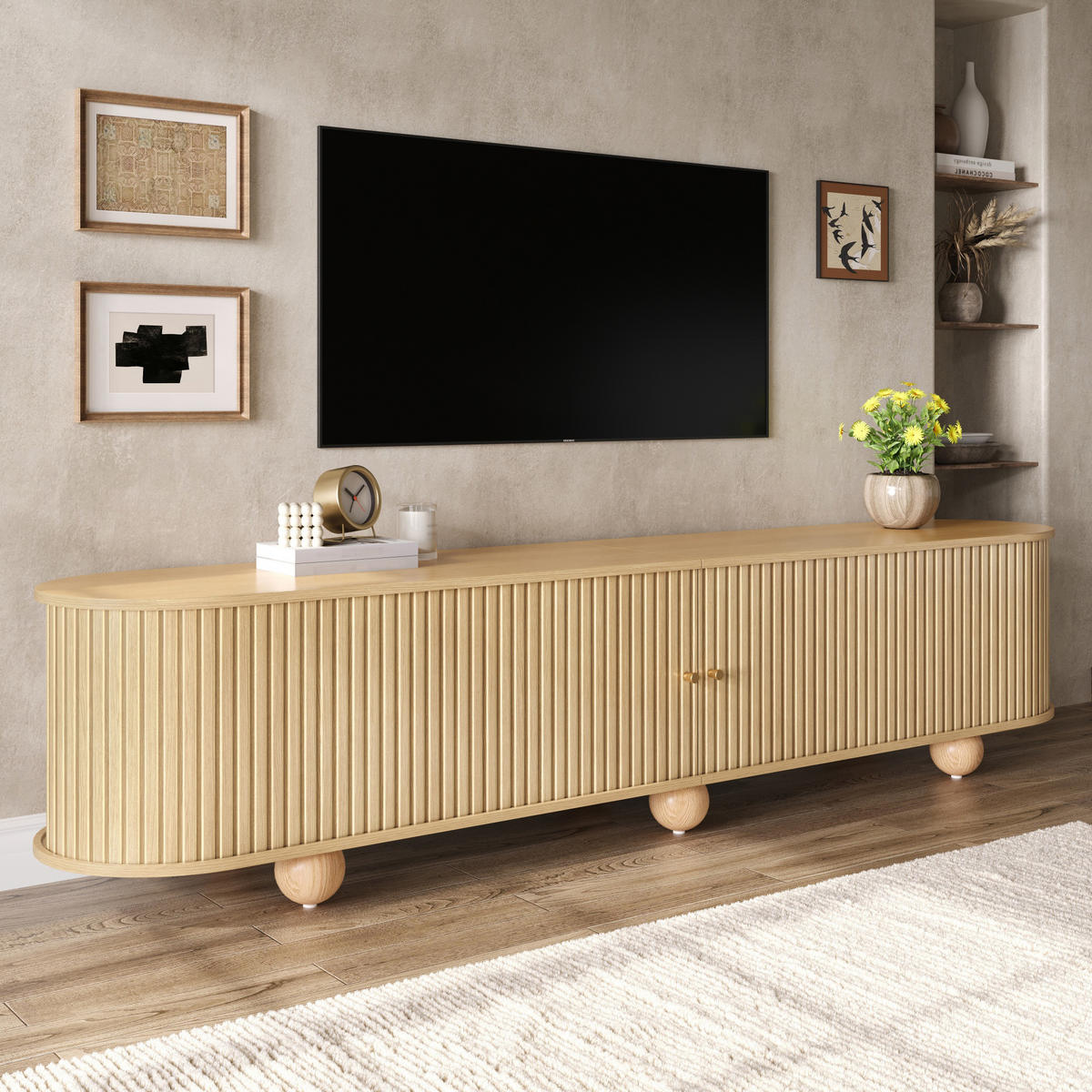 TV-LOWBOARD Rund Rillenoptik Schiebetüren Retro Kugelfüße - Naturfarben, Holzwerkstoff (180/45/35cm) - FLIEKS
