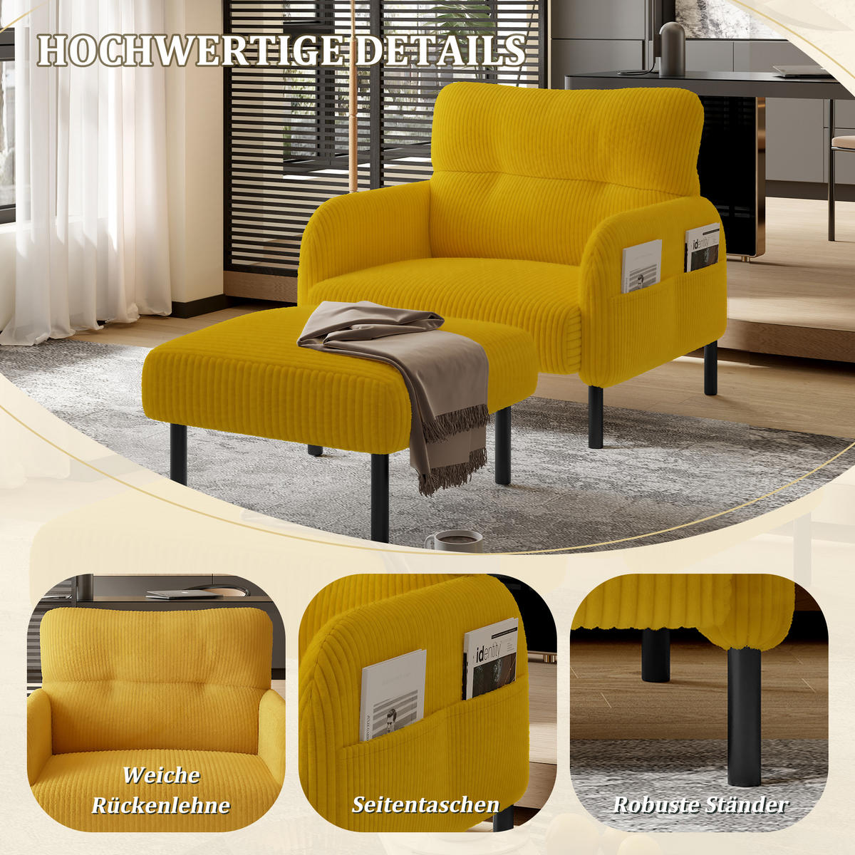 SESSEL Loungesessel,Polstersessel,Cord,Gelb - Gelb, Textil (67/79/75cm) - LVHOM