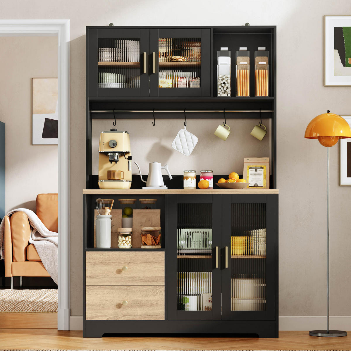 BUFFET 178 cm MDF Schwarz Holzoptik mit RGB-LED und Weinregal - Schwarz, Holzwerkstoff (40/178/110cm) - Korfee