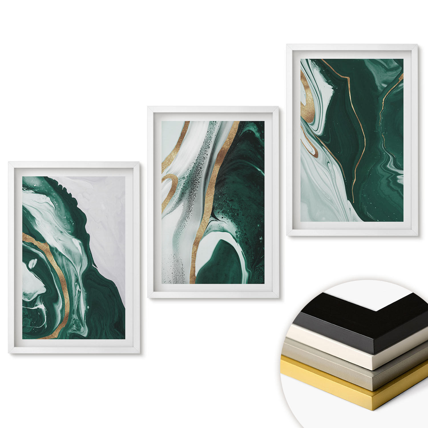 WANDBILDER 3er-Set - 40x60 cm Weißer Rahmen - Abstrakte grüne Farbmuster - Weiß, Kunststoff (40/60cm) - ArtPrintCave