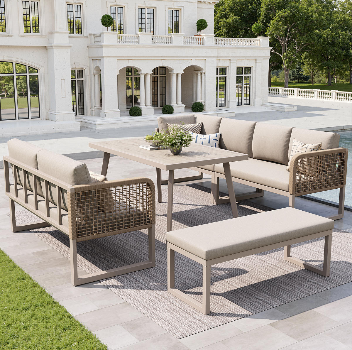 LOUNGEGARNITUR aus Rattan & Metall 121.5x61x77 cm Beige mit modularer Loungegruppe - Beige, Metall - Modfu