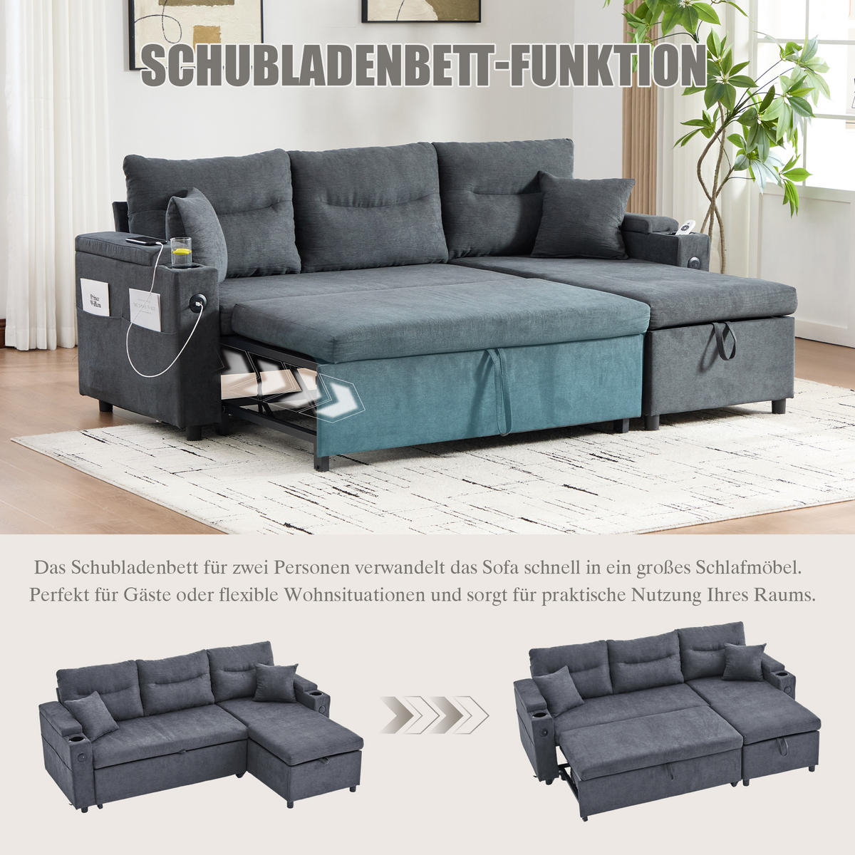 ECKSCHLAFSOFA 3-Sitzer Leinen mit USB-Anschluss und Stauraum Dunkelgrau 212,5/136/86 cm - Dunkelgrau, Textil (136/212.5cm) - Redom