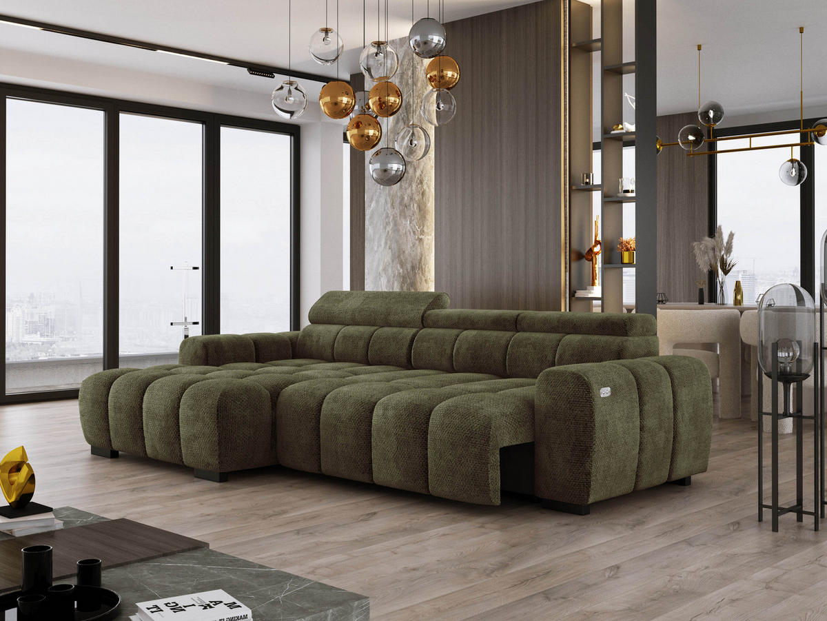 ECKSOFA OMBO 285x168x77/97 cm, Links, Schlaffunktion, elektr. Sitz, Kopfstützen, hydrophober EDEN-Stoff – Olivgrün - Olivgrün, Holz/Textil (168/285cm) - DomoHome