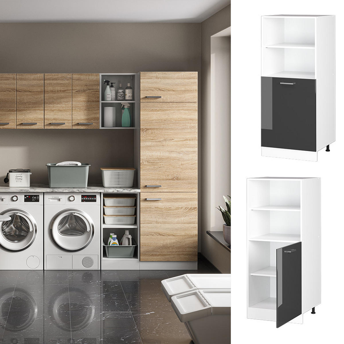 HOCHSCHRANK R-Line Anthrazit Hochglanz 60 cm mit offenen Regalen und Tür - Anthrazit/Weiß, Holzwerkstoff (60/143/57.2cm) - Vicco