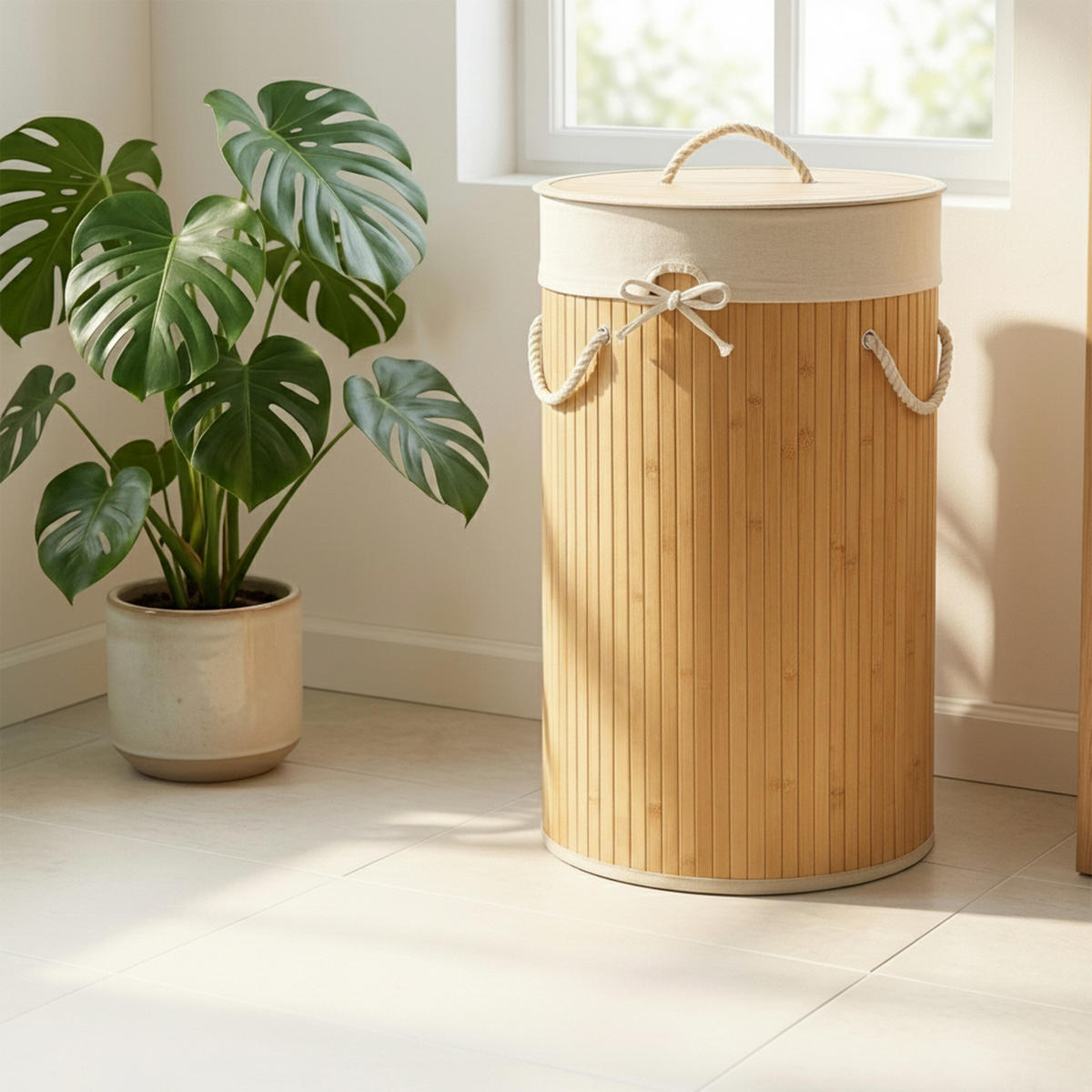 TVÄTTKORG kräm bambu rund med lock hopfällbar 70 l - Cremefärgad, Trä/Textil (41/65/41cm) - Relaxdays