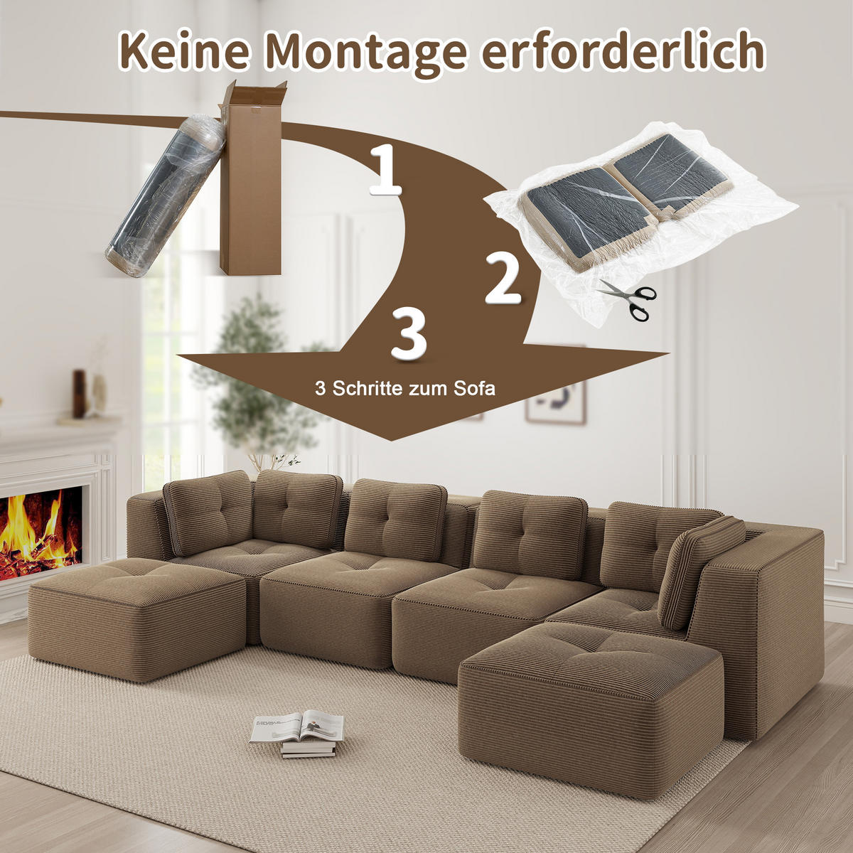 WOHNLANDSCHAFT Cord Braun modular mit breiten Armlehnen - Braun, Textil (386/69/177cm) - WISHDOR