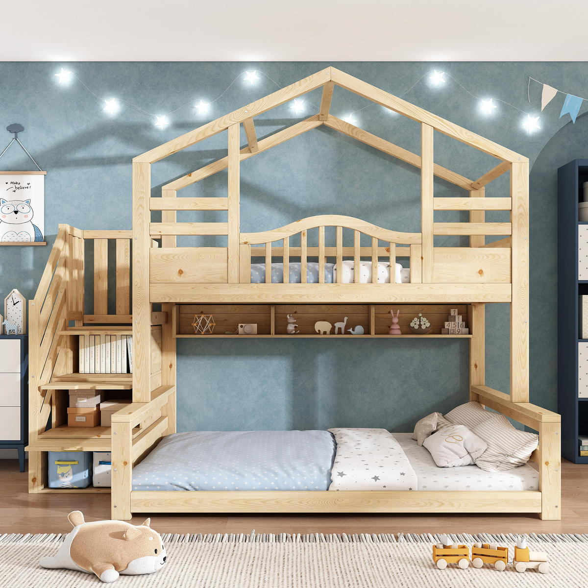 ETAGENBETT 90/200 cm & 140/200 cm in Beige & Natur mit Treppenschrank und Regalen - Eichefarben, Holz/Holzwerkstoff (90/200cm) - WISHDOR