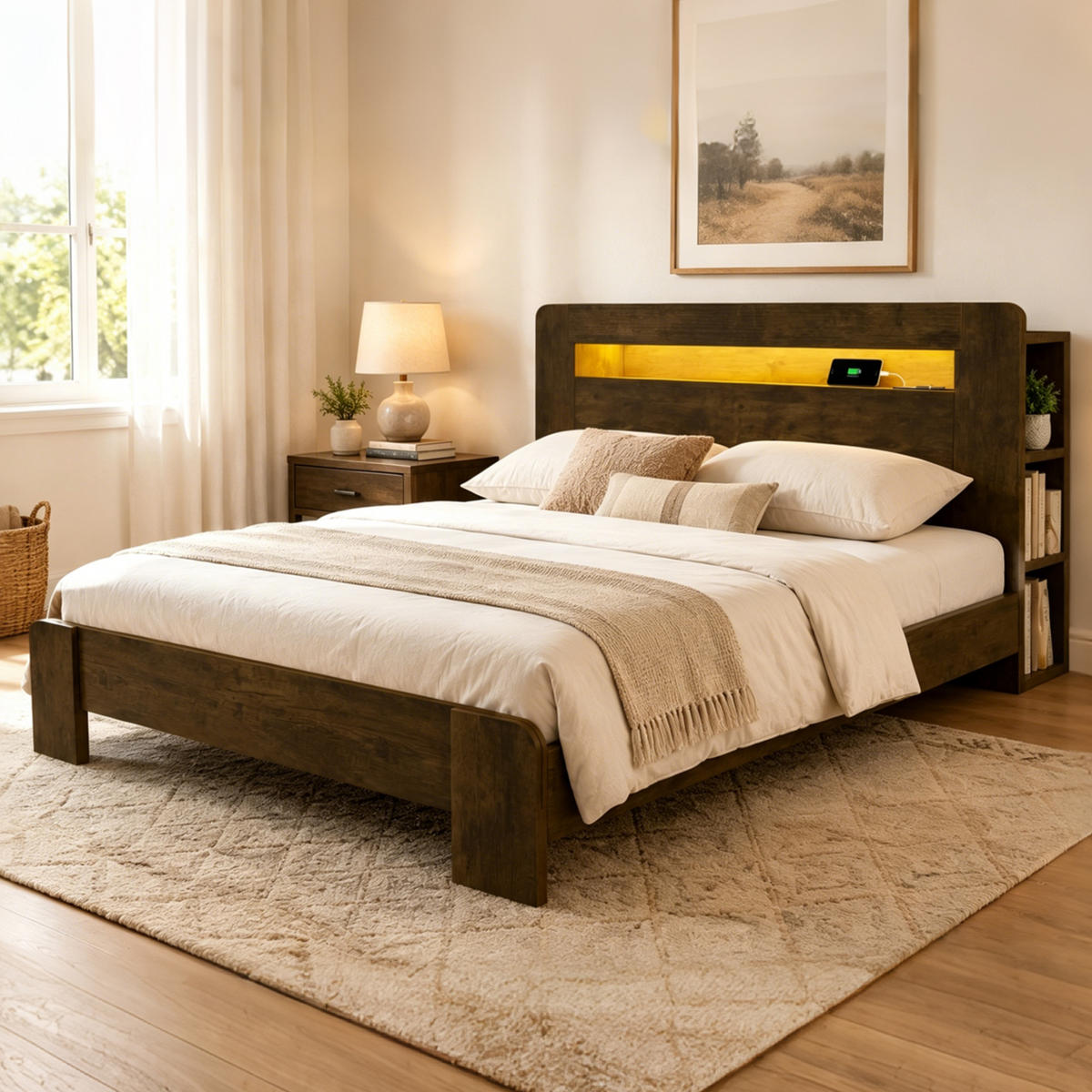 BETT 140/200 cm in Holz mit Stauraum, LED und Steckdosen - Nussbaumfarben, Holz/Holzwerkstoff (140/200cm) - WISHDOR