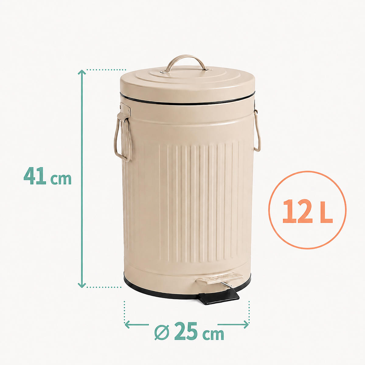 MÜLLEIMER Beige 12 l Tretpedal Softclose Metall - Beige, Kunststoff/Metall (25/41/25cm) - Relaxdays