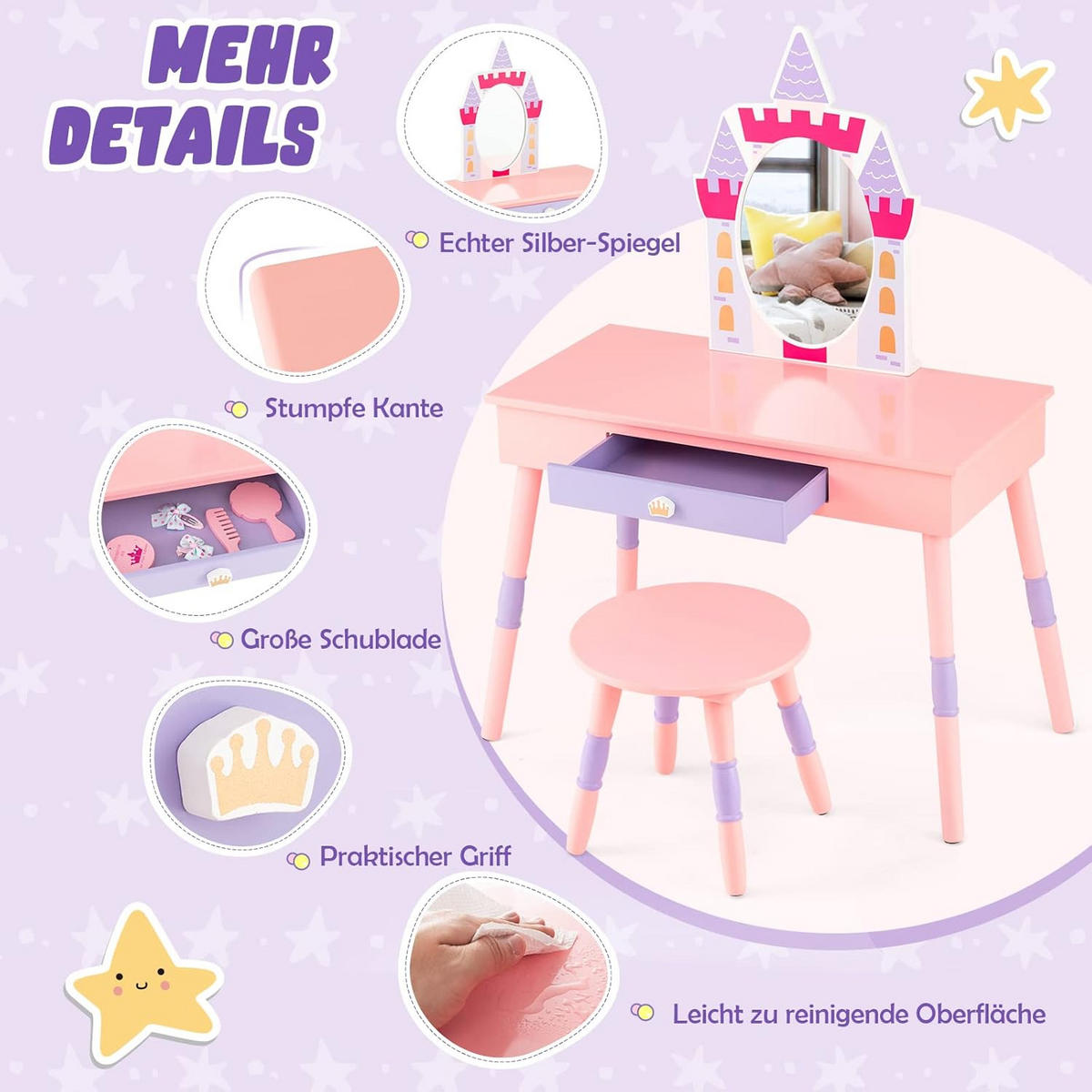 SCHMINKTISCH aus Holz Pink - Pink, Holz (39/102/74cm) - COSTWAY