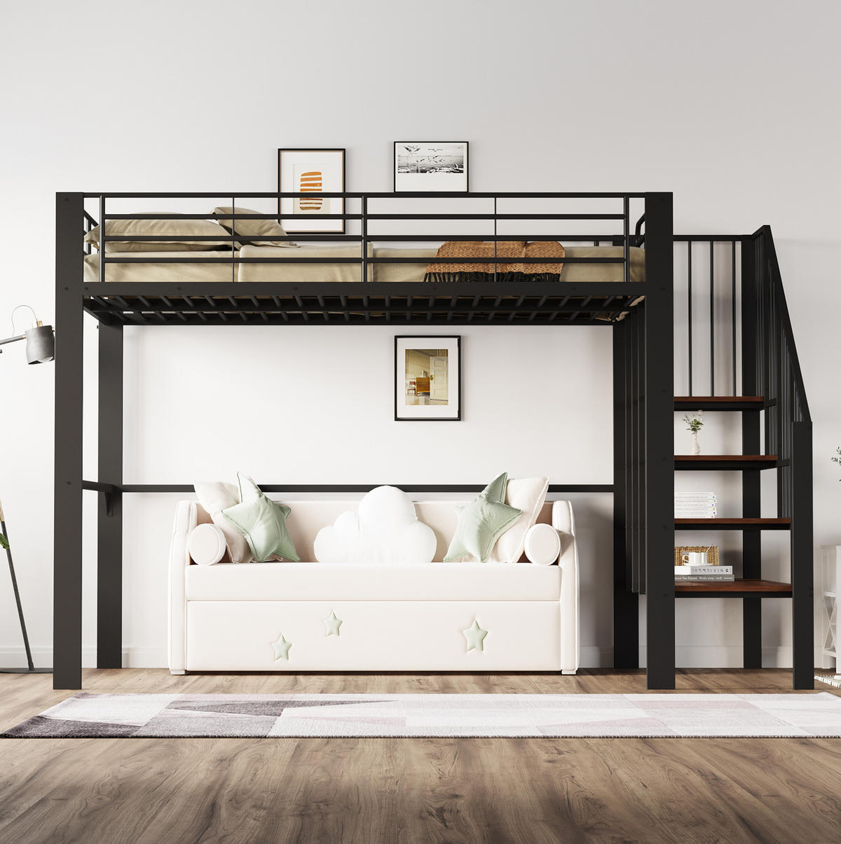 HOCHBETT aus Metall und Holz 140x200 cm Schwarz mit Treppe und Stauraum, stabile Konstruktion - Schwarz, Metall (90/200cm) - Modfu
