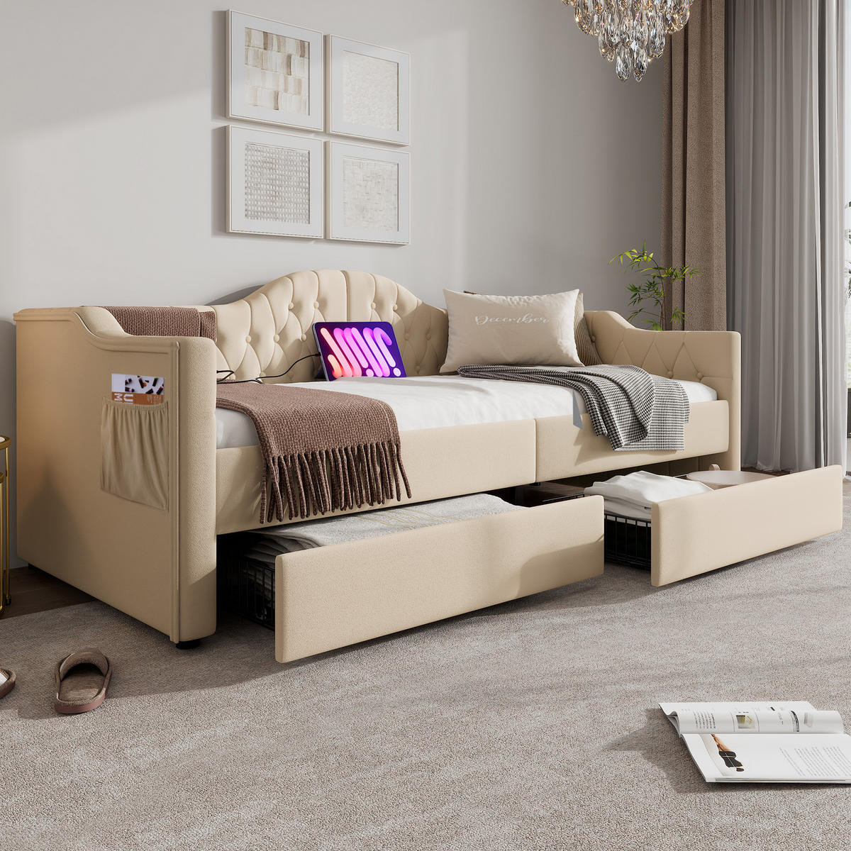 TAGESBETT 90/200 cm DE-00606, in Beige, USB-Anschluss und 2 Schubladen - Beige, Metall (90/200cm) - ComfortXL