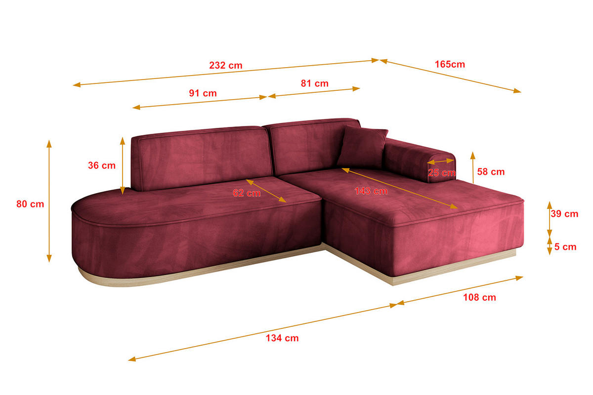 ECKSOFA Ottomane Rechts IREA-L1 - 232x165x80 cm Bordeauxrot - Bordeaux, Holzwerkstoff/Textil (232/165cm) - ALTDECOR