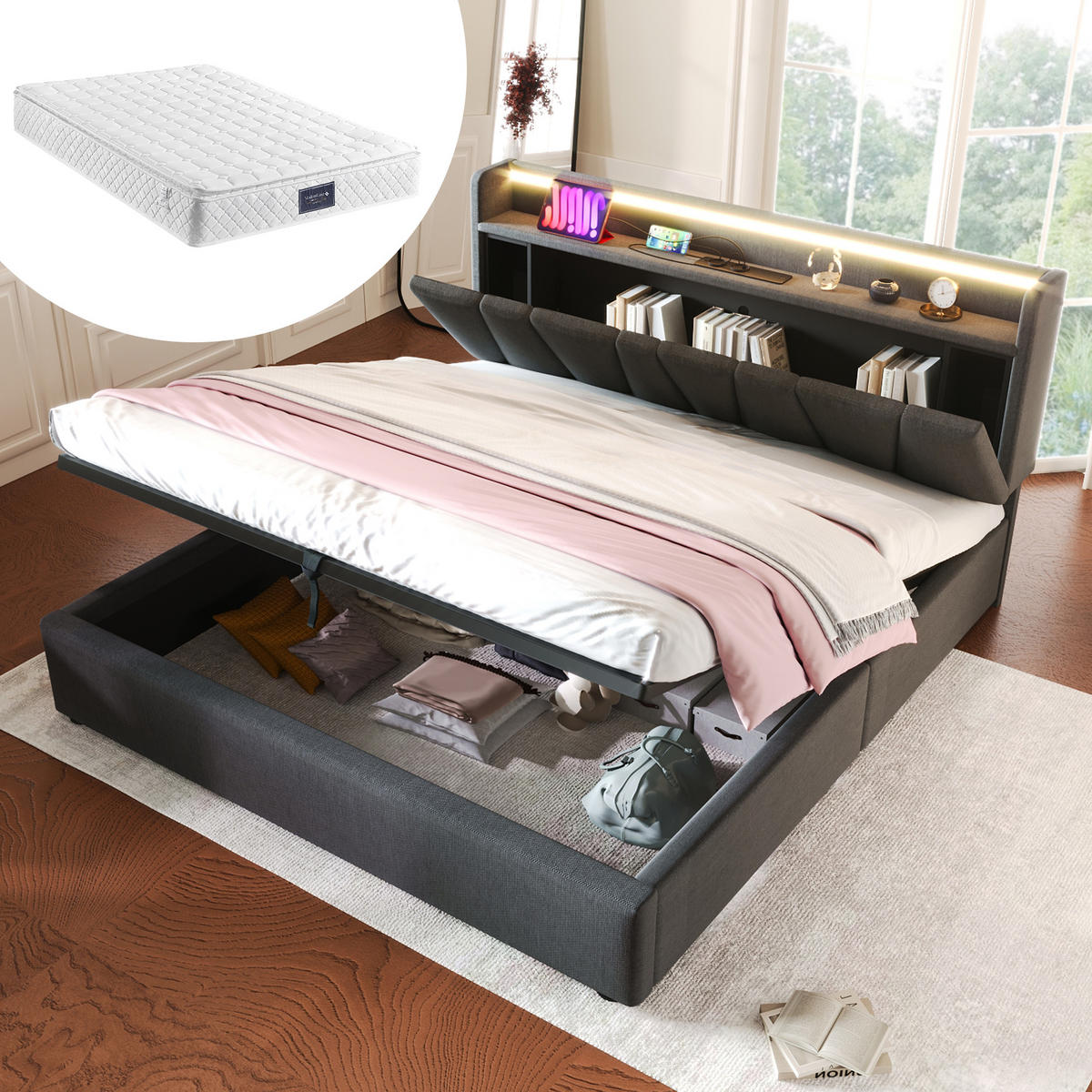 POLSTERBETT 140/200 cm in Grau Leinen mit Stauraum-Kopfteil, USB und Matratze - Grau, Holzwerkstoff/Textil (140/200cm) - CHICFURN