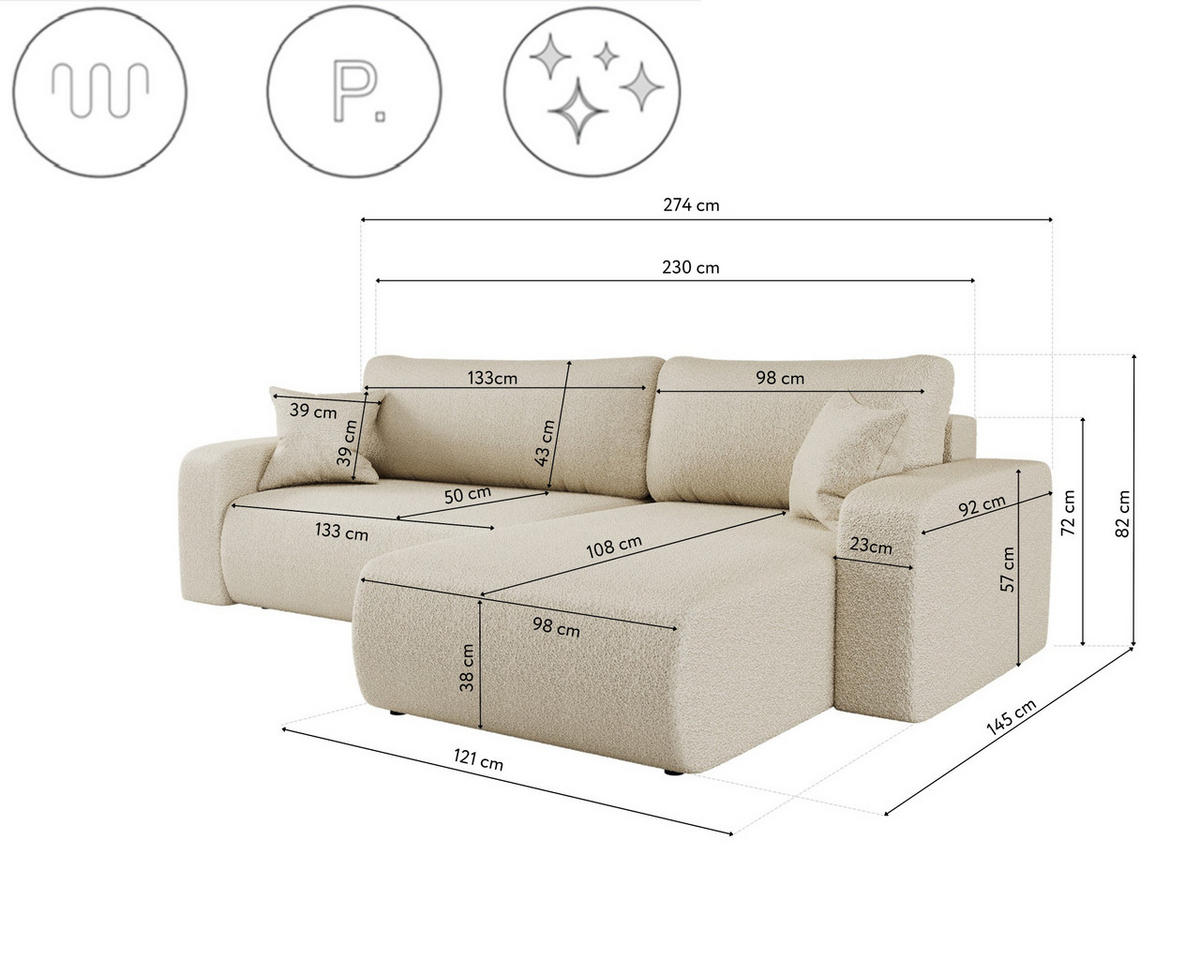 SCHLAFSOFA MILANO XL Und Bettkasten Stoff Quelle Ecru Rechts - Ecru, Holz (274/82/145cm) - Kaiser Möbel