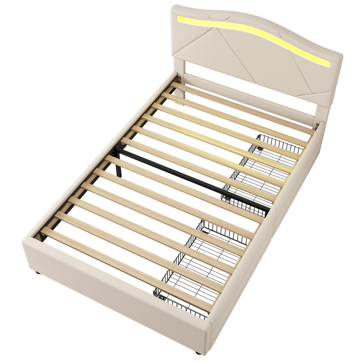 POLSTERBETT 90/200 cm Beige mit LED-Beleuchtung und 2 Schubladen - Beige, Textil (90/200cm) - Flora Grace