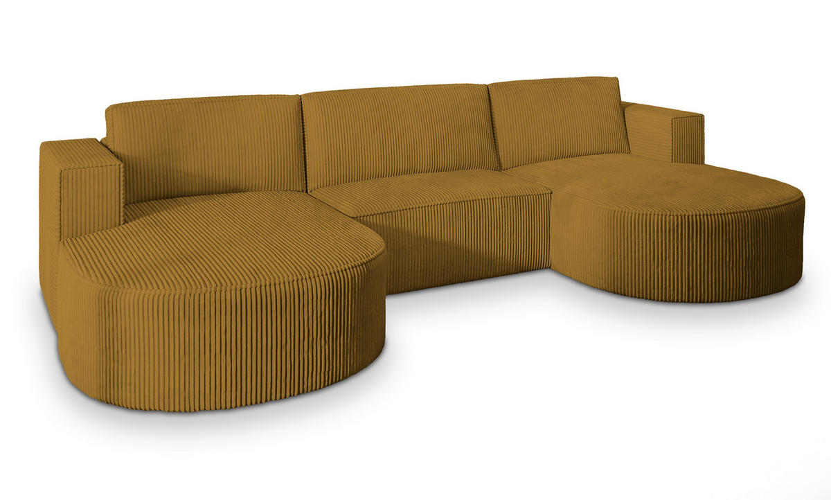 WOHNLANDSCHAFT VEZZO P Gelb Kordstoff mit Schlaffunktion - Gelb, Holz (347/85/174cm) - MASSENO