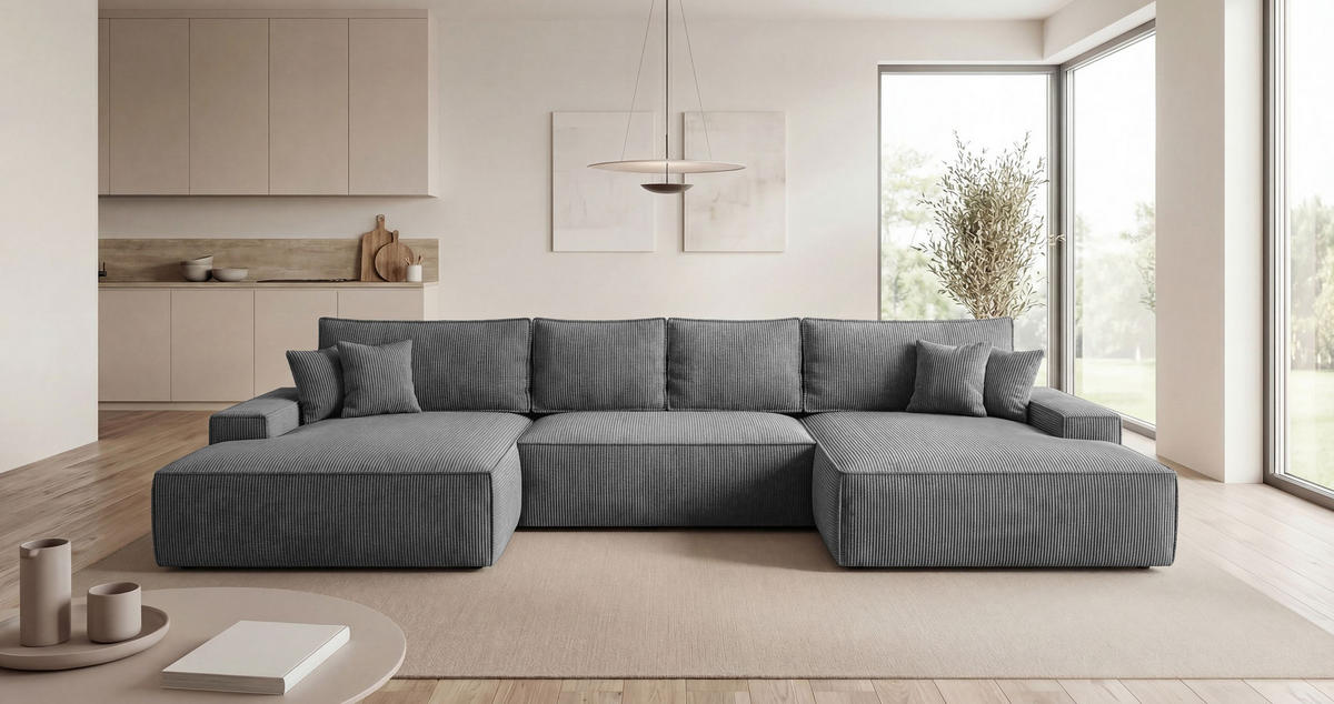 WOHNLANDSCHAFT VERONA U-Form dunkelgrau Cord Poso 60 - Schlaffunktion, Bettkasten - Anthrazit, Textil (385/86/185cm) - Cornero