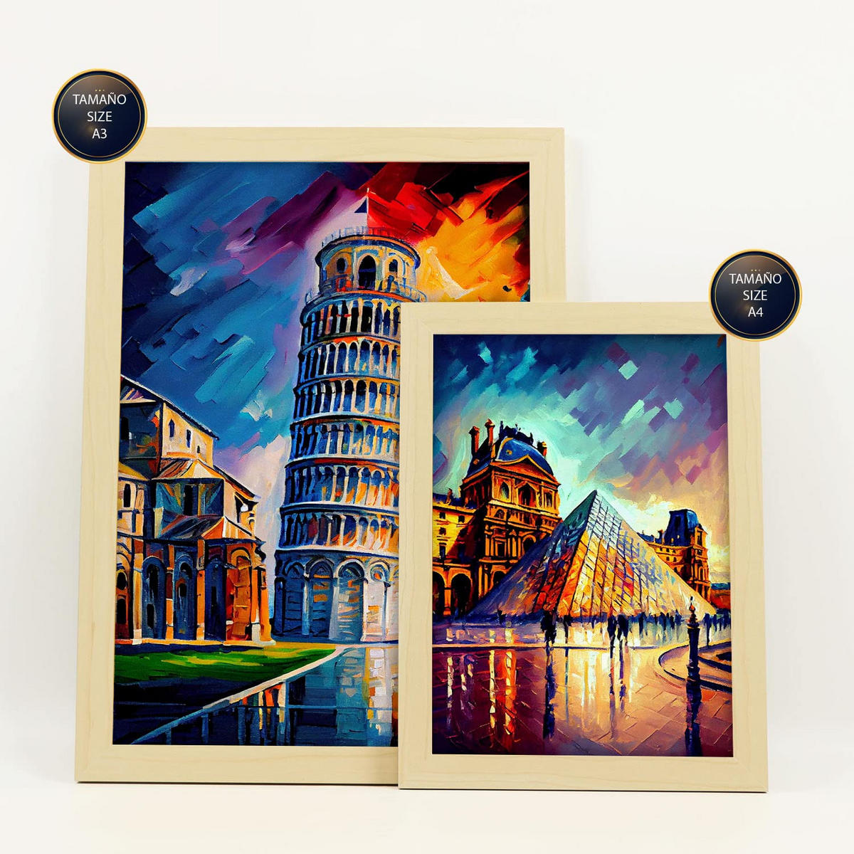 POSTER Set Mit 6 Orange Im Ölgemälde Stil A3 & A4 Rahmen Aus Hellem Holz - Beige, Papier (29/3cm) - Nacnic