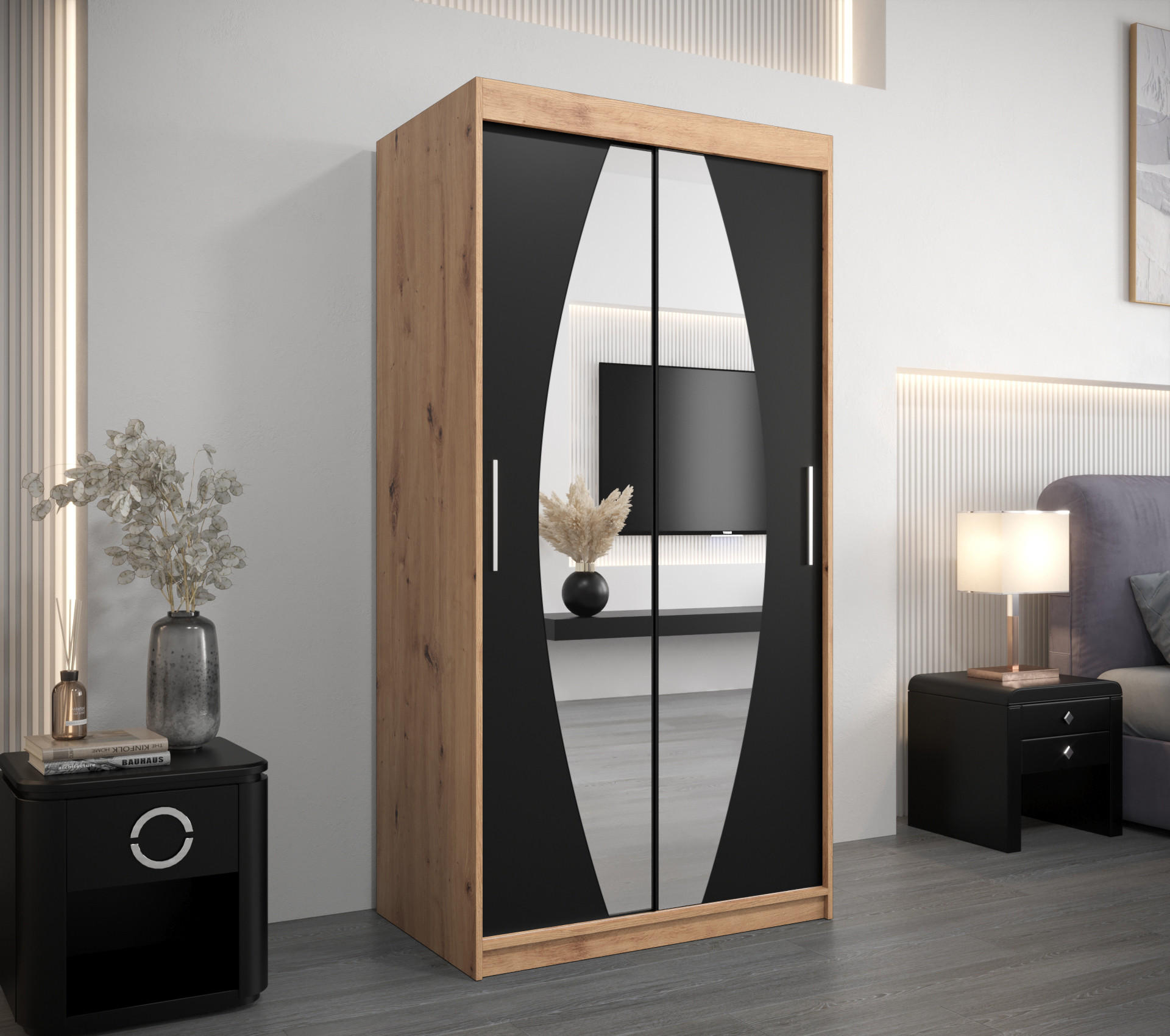 SCHWEBETÜRENSCHRANK 200/100/62 2-türig - Silberfarben/Schwarz, Holz/Kunststoff (100/200/62cm) - Abiks Möbel