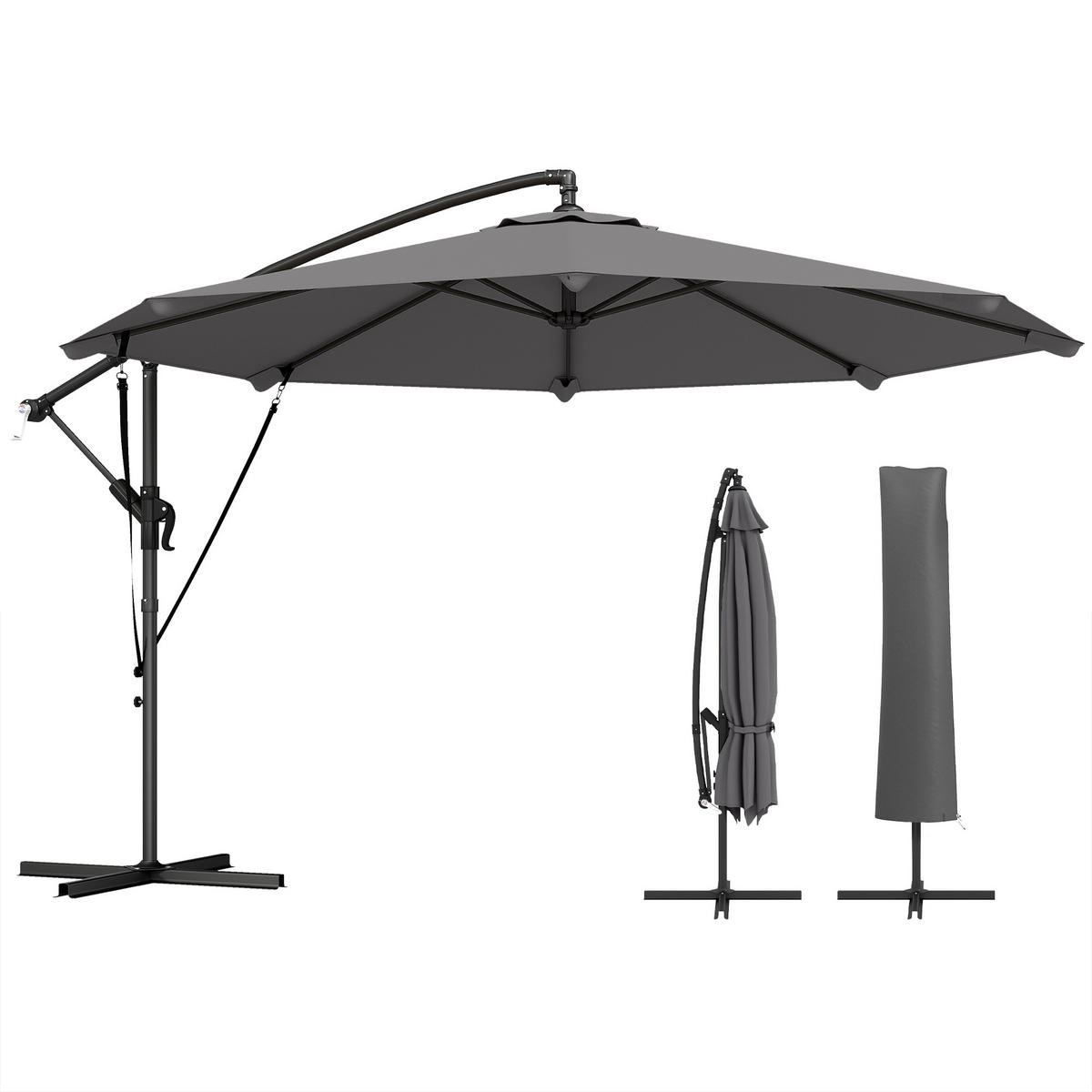 AMPELSCHIRM Ø295 cm DE-11571 mit Spannseilen & Schutzhülle Dunkelgrau - Dunkelgrau, Metall (295/295cm) - ComfortXL