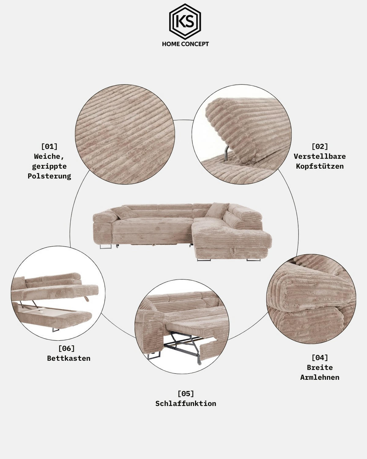 WOHNLANDSCHAFT SERENA U mit Stauraum, Beige - Beige, Textil (340/90/205cm) - KS Home Concept