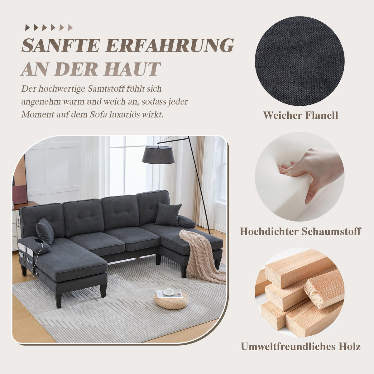 WOHNLANDSCHAFT 250/130/88 cm Dunkelgrau Leinen mit Aufbewahrungsfach und USB/Type-C-Ladeanschluss - Dunkelgrau, Textil (250/88/130cm) - Oxeza