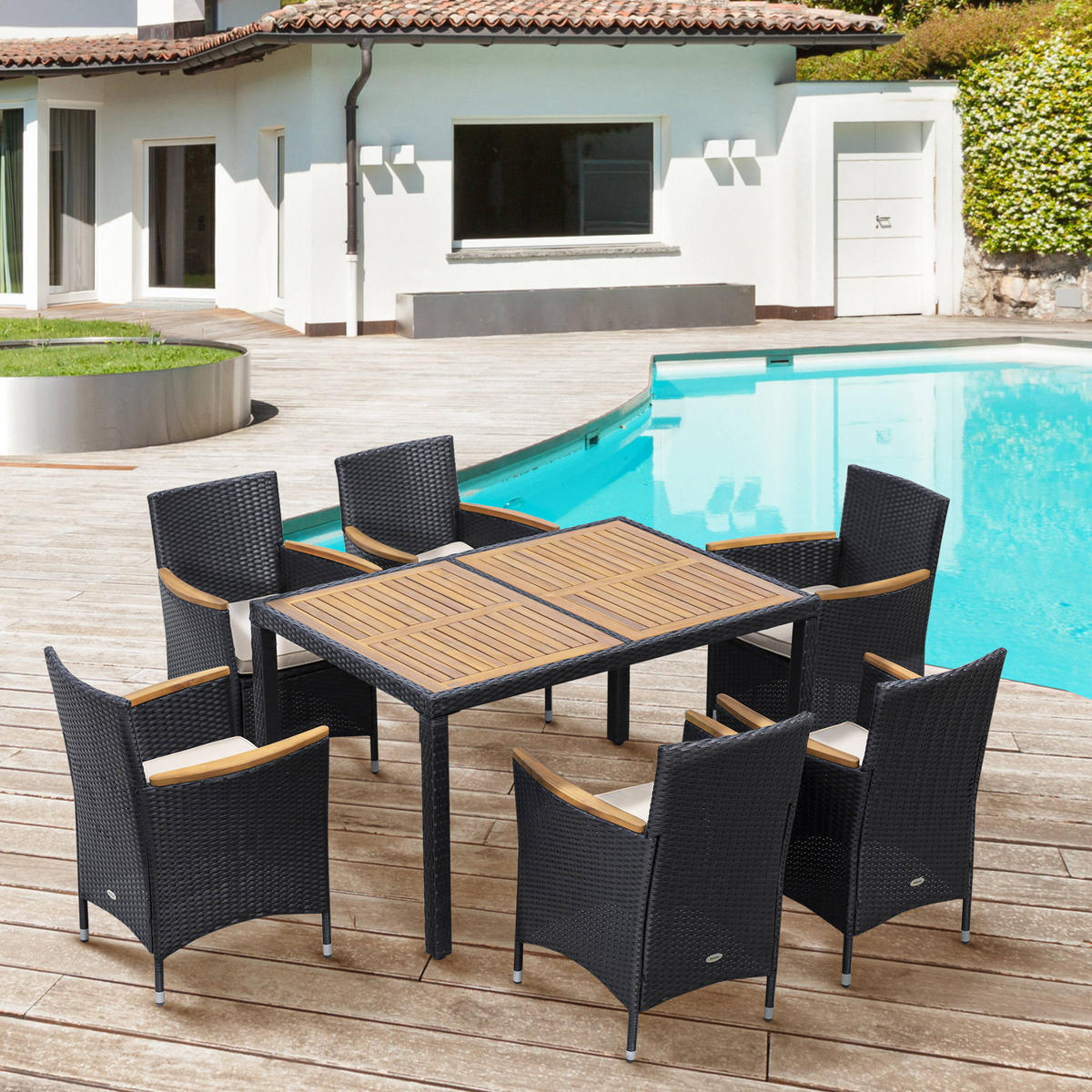 GARTENESSGRUPPE DE-13570 7-teilig mit Tisch & 6 Stühlen, Acacia-Holz Schwarz/Beige - Schwarz, Metall - ComfortXL
