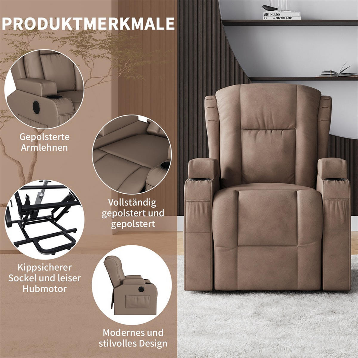 MASSAGESESSEL mit Aufstehhilfe - 8-Punkt-Massage und Heizfunktion - USB-Ladeanschluss - Braun - Braun, Textil (102/105/93cm) - DELFA