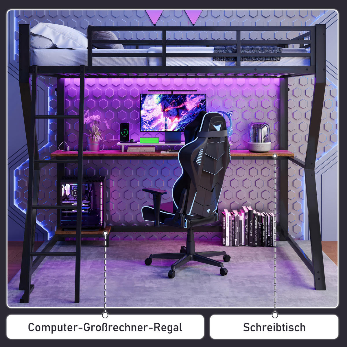 HOCHBETT 90/200 cm mit LED-Beleuchtung, Schreibtisch, Steckdose, USB und Treppe, Schwarz - Schwarz, Metall (90/200cm) - Redom