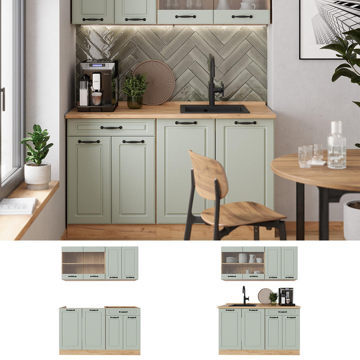 SINGLEKÜCHE R-Line, Mint Landhaus/Goldkraft Eiche, 140 cm Arbeitsplatte Marmor - Honigeiche/Grün, Holzwerkstoff (140/81.6/60cm) - Vicco