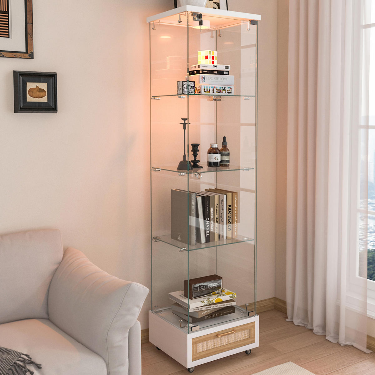 VITRÍNA 167/42,5/36,5 cm, MDF a sklo, biela, s LED osvetlením - biela, kompozitné drevo (42.5/167/36.5cm) - BEAOK