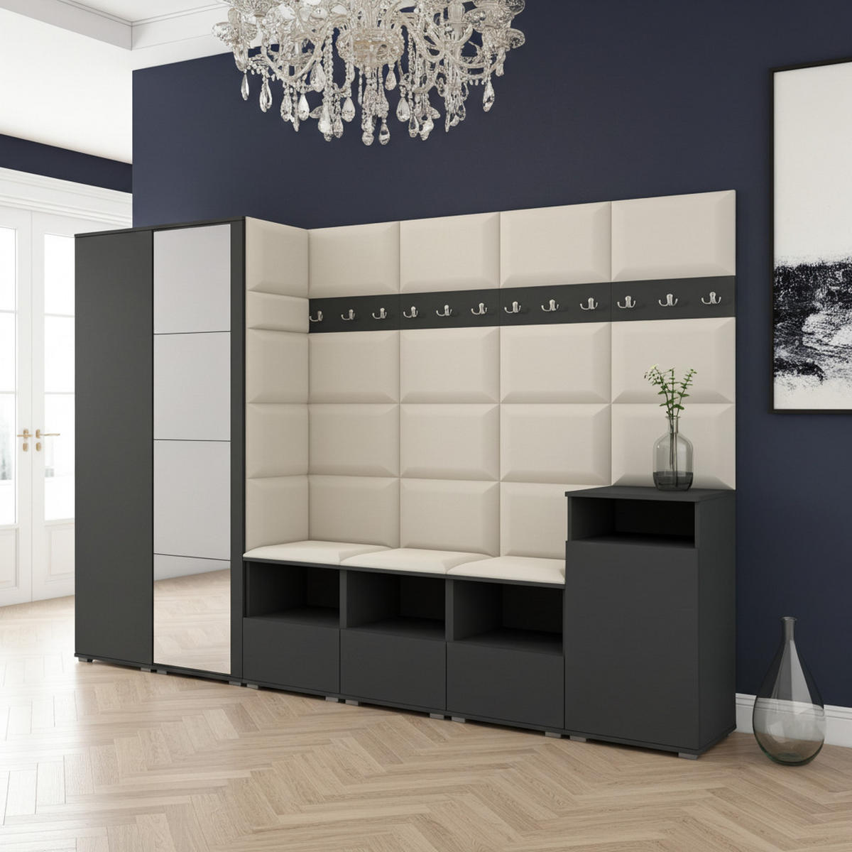 GARDEROBE NELA XII 300 cm (Modulare Flurmöbel Graphit mit Spiegel & Sitzpolster Creme 01 Gigantisches Set) - Silberfarben/Creme, Holz/Holzwerkstoff (300/187/40cm) - Ravio