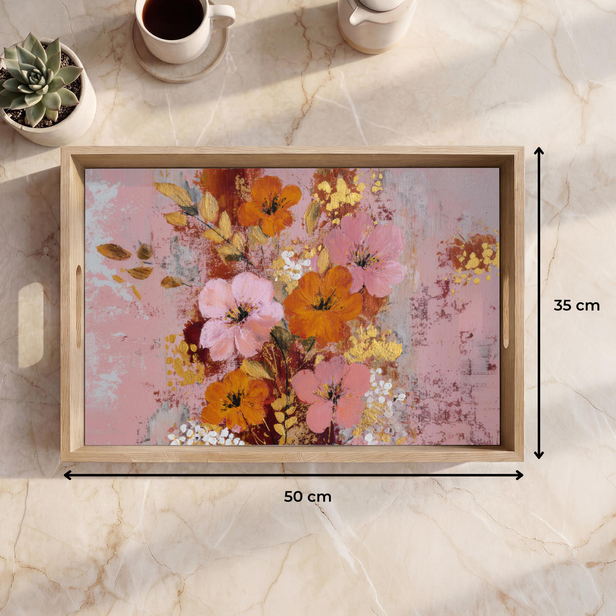 SERVÍROVACÍ PODNOS Malování - Květiny - Rustikální - Růžová 50x35 cm - růžová, dřevo (50/5/35cm)