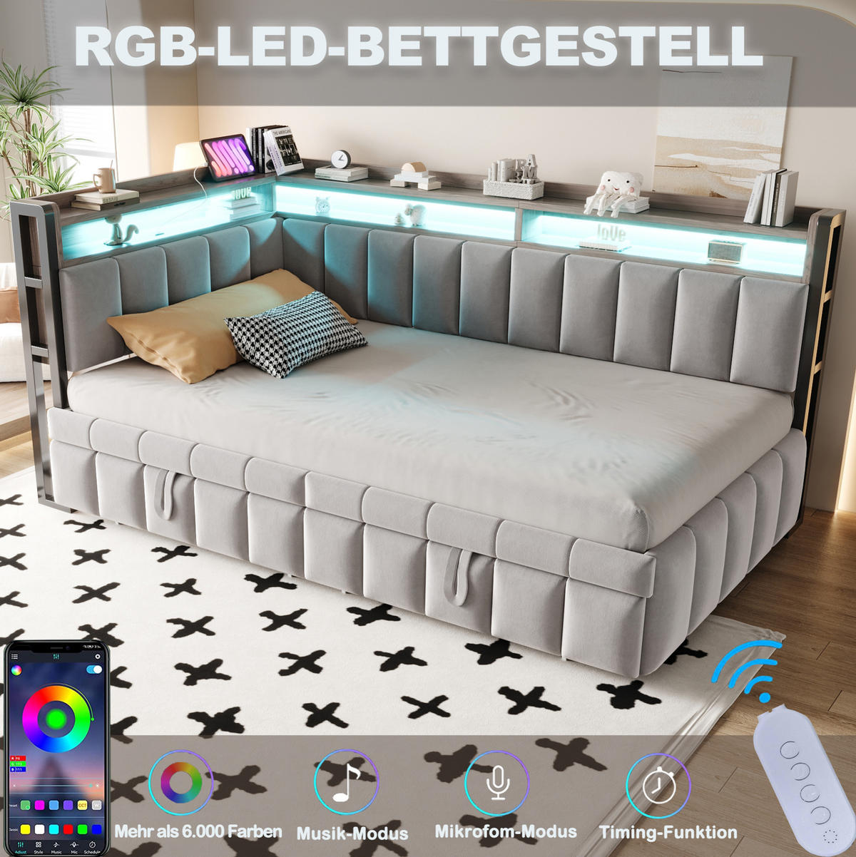 POLSTERBETT Schlafsofa aus Samt 90x200 cm Hellgrau mit Ausziehbett, LED-Beleuchtung und USB-/Typ-C-Anschlüssen - Hellgrau, Textil (90/200cm) - Modfu