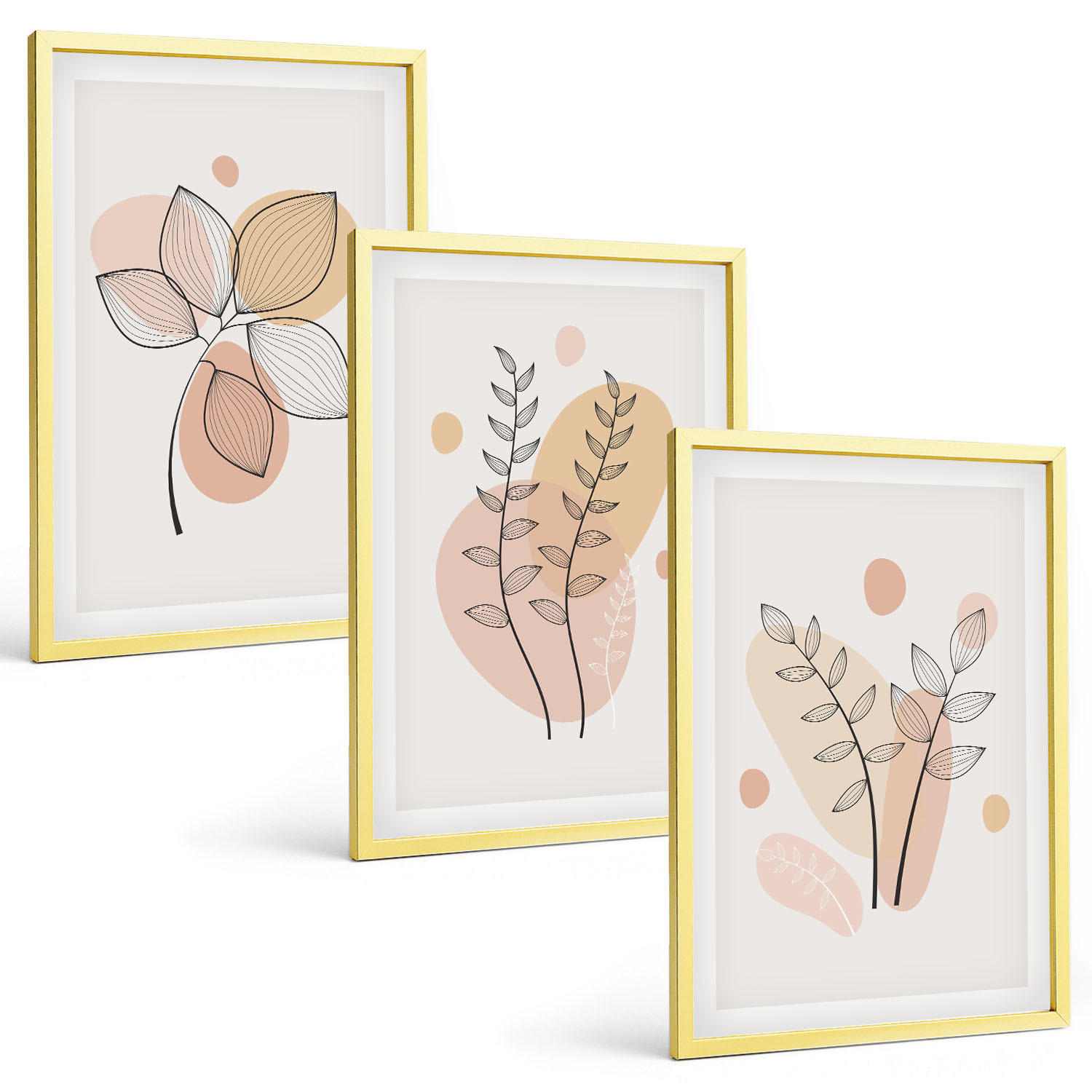 BILDER SET 3er Set - 40x60 cm Goldrahmen - Pastellfarbene Pflanzenzeichnungen - Goldfarben, Kunststoff (40/60cm) - TULUP
