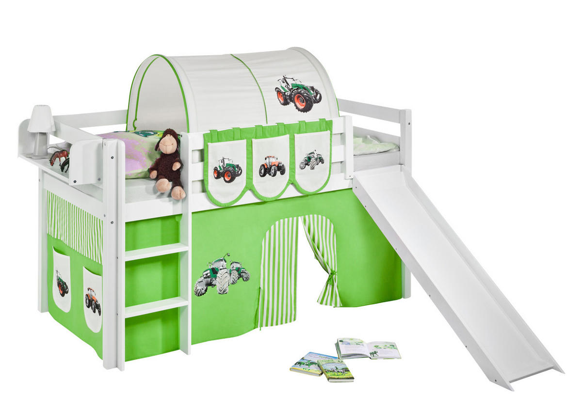 SPIELBETT JELLE Trecker Grün Beige - Hochbett - mit Rutsche und Vorhang - Weiß, Holz - Lilokids