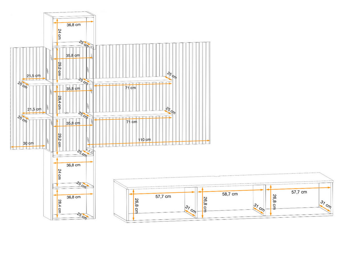 WOHNWAND Sand matt, Eiche Artisan 280 cm, Schrankwand hängend inklusive LED Beleuchtung - Sandfarben/Schwarz, Holzwerkstoff/Metall (280/180/45cm) - Furn.Design