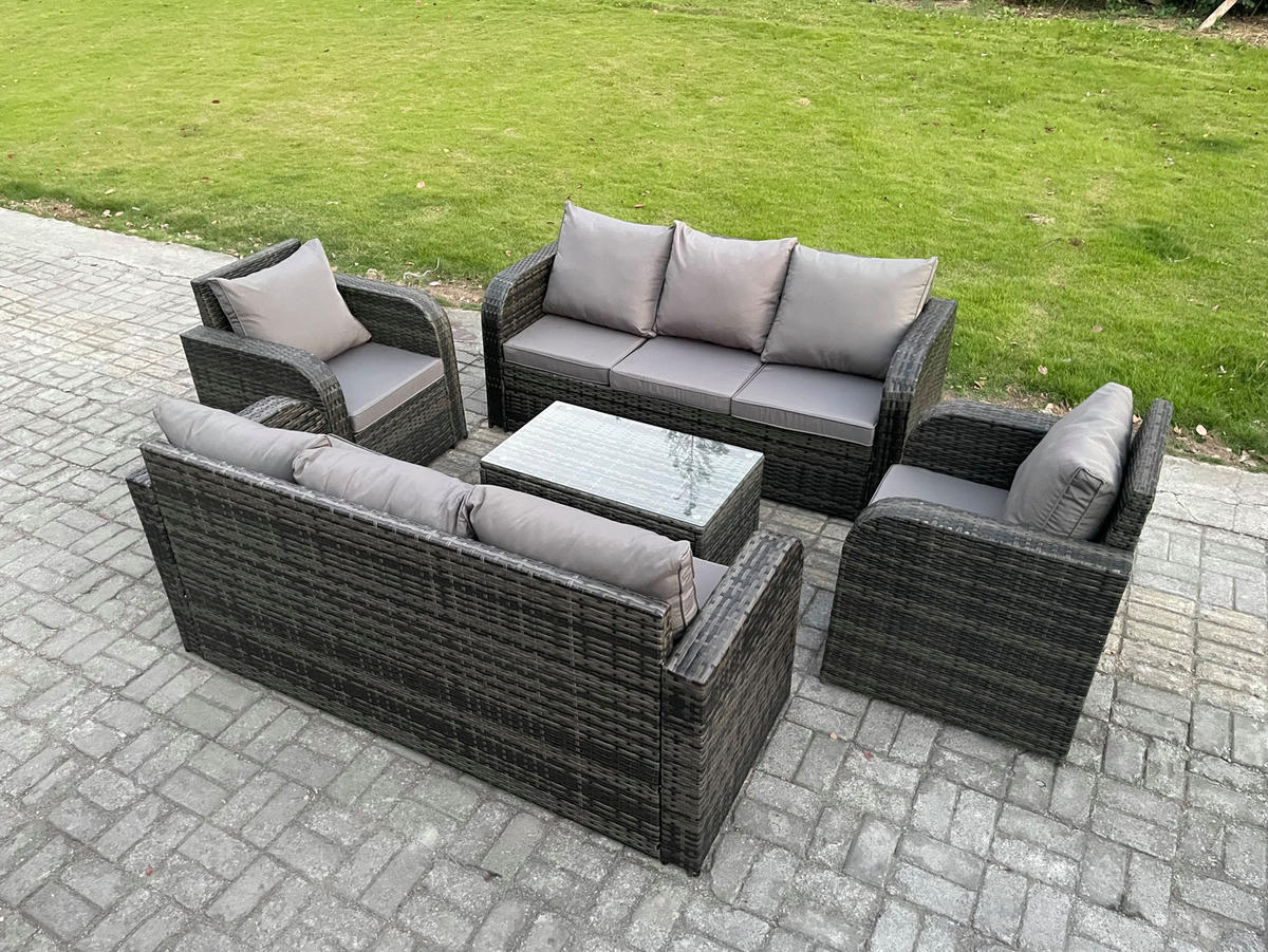 GARTENMÖBEL-SET mit Kissen Polyrattan Dunkelgrau 8-Sitzer - Dunkelgrau/Grau, Glas/Kunststoff - Fimous