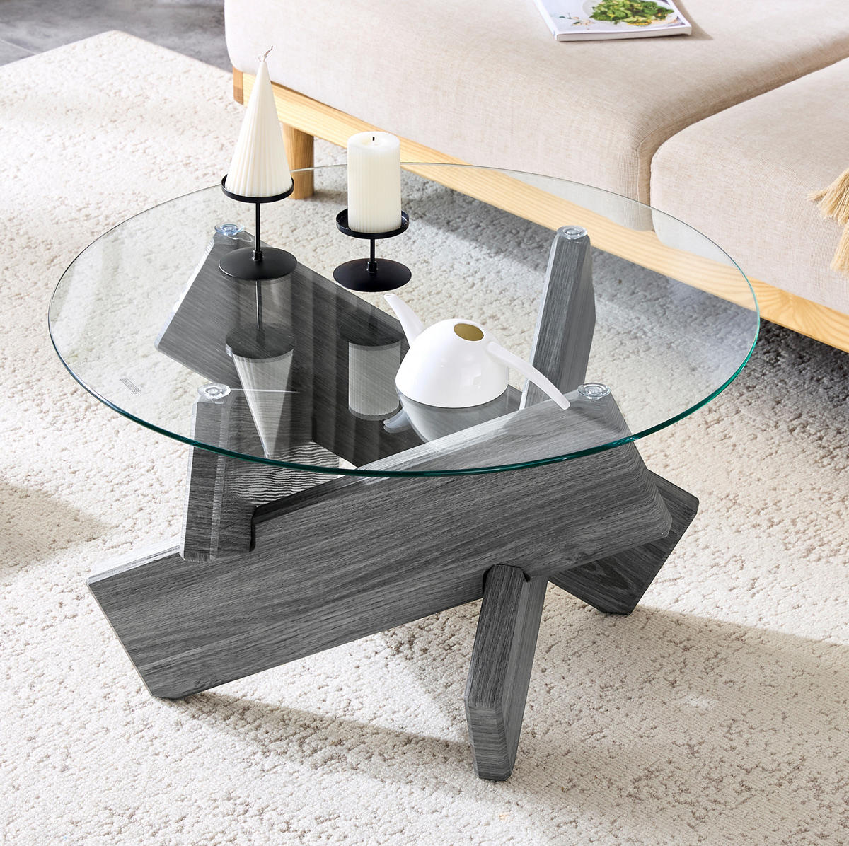 KLUBSKA miza, premer 79 cm, MDF/steklo siva transparentna - siva, leseni material (79/79/45cm) - BEAOK