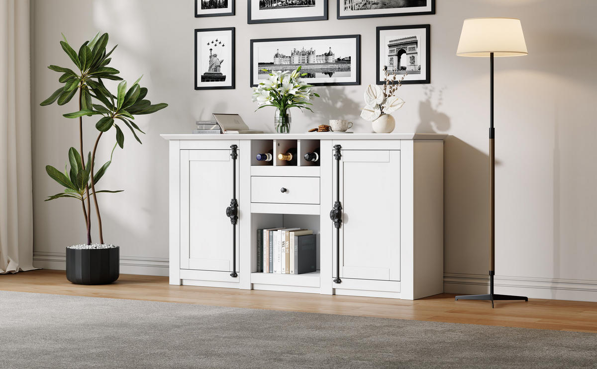 SIDEBOARD 130/35/70 cm, Weiß mit 2 Türen, 1 Schublade und 3 Weinfächern, Weiß - Weiß, Holzwerkstoff (130/70/35cm) - Redom