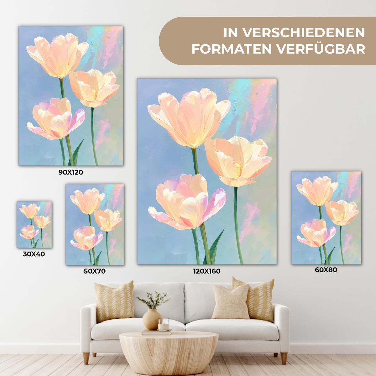 LEINWANDBILD Tulpen - Rosa Akzente - Blau Wandbild Wohnzimmer 60x80 cm - Pastellblau, Textil (60/80cm) - MuchoWow